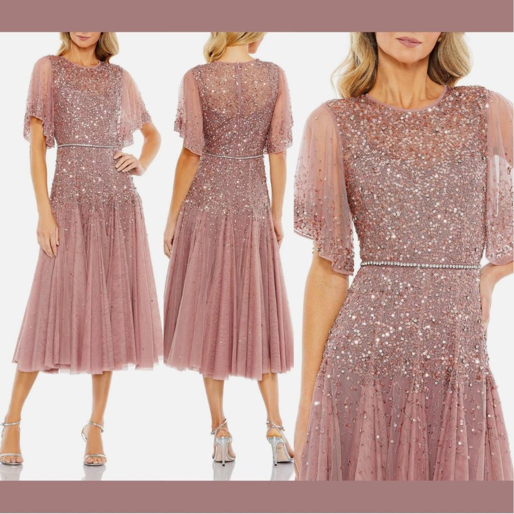 NWT‎ $598 Mac Duggal [ 20 ] Cape Sleeve Beaded Tea A-Line Dress Rosewood Pink